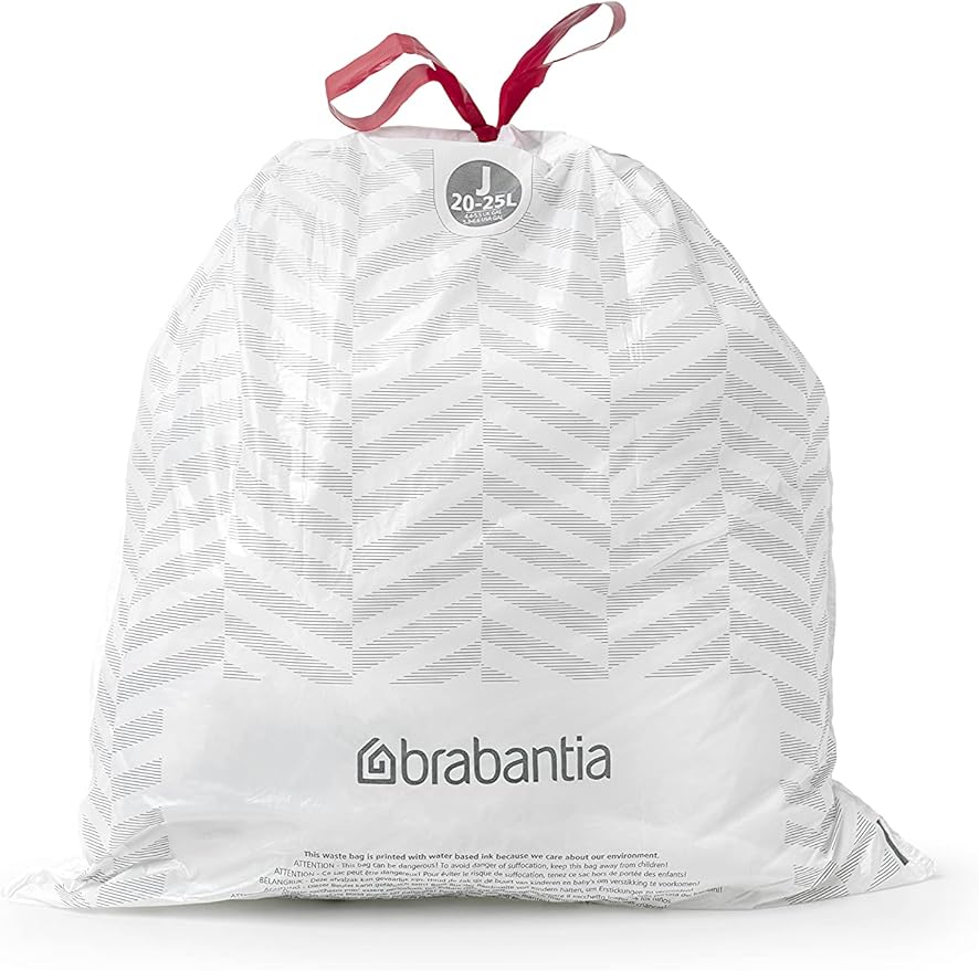 Brabantia PerfectFit Trash Bags (Size J / 6 Gallon) High Quality Thick Plastic Trash Can Liners with Tie Tape Drawstring Handles (20 Bags)
