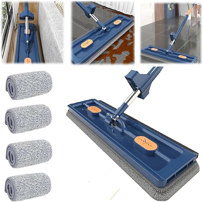 Large Flat Mop 360° Rotating with Dewatering Scraper Wet Dry Mop Extendable Long Cleaning Microfiber for Floors Corner Window 1pcs 12027(B- 4pcs Rag)