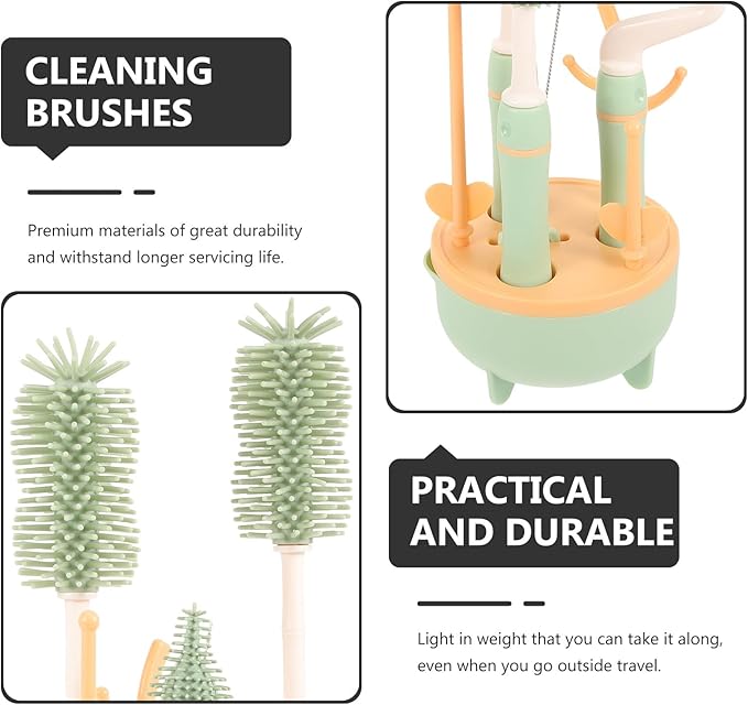 Multifunctional Bottle Brush Set with Extra Long Handle and Stand for Cleaning Milk Bottles and Straws Green Suitable for Feeding
