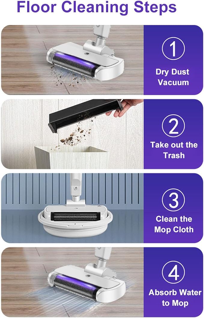 Garosa Cordless Electric Mop Telescopic Pole Adjustable Length with 500ml Water and LED Light for Hardwood Tile Laminate Floors