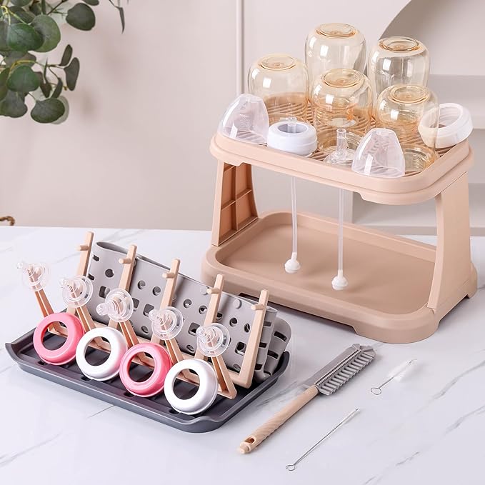 Baby Bottle Drying Rack with Brush &amp Dishwasher Basket - Space Saving Standing Drying Rack for Baby Bottles Pump Parts &amp Accessories Compact Organizer Holds Up to 8 Bottles (Pink Lotus Root)