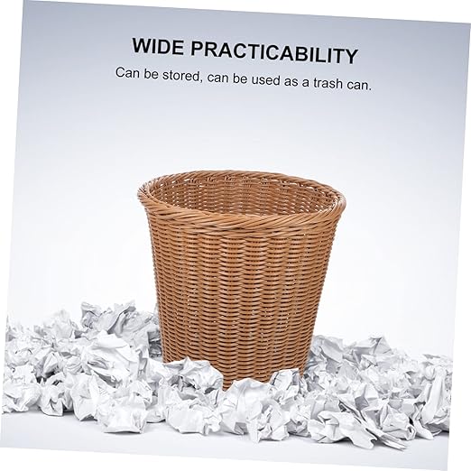 Luxshiny Imitated Rattan Woven Trash Basket Iron Trash Can Wicker Waste Basket Lid