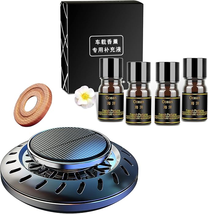 Kwak's Car Air FreshenerRotating Solar Aromatherapy Essential Oil Diffuser Scent with Extra 4 Bottle Solar Car Air Freshener Refill