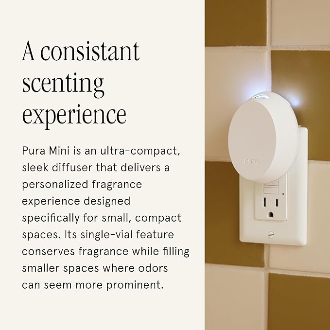 Pura Mini Smart Fragrance Diffuser for Small Spaces Adjustable Smart Home Device with LED Light &amp Automatic Vial Detection - Includes 1 Scent Refill Linens &amp Surf