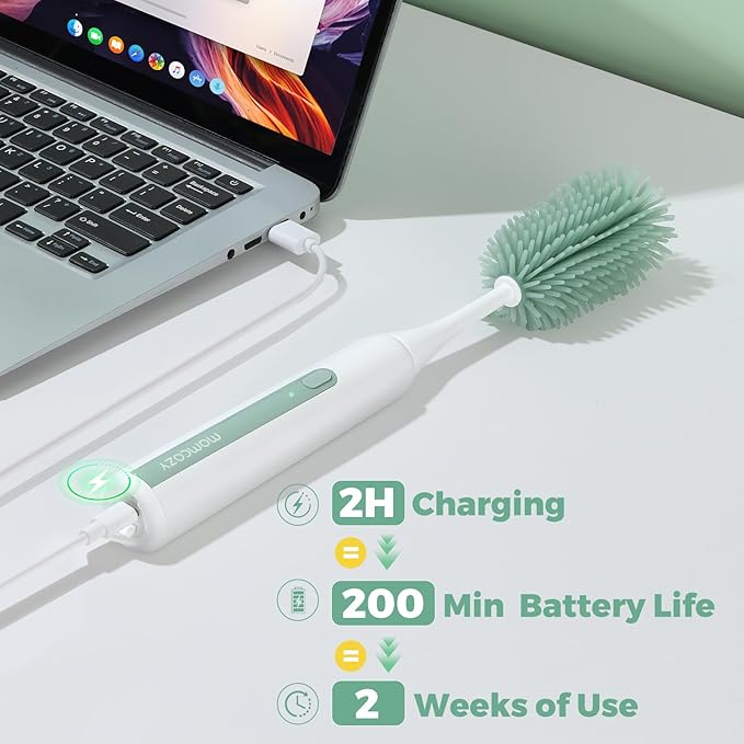 Momcozy 7 in 1 Electric Bottle Brush Kit Portable Cleaning Set with Formula Mixer Silicone Brush Nipple Brush Straw Brush Soap Dispenser Drying Rack - Long Battery Life for Home &amp Travel
