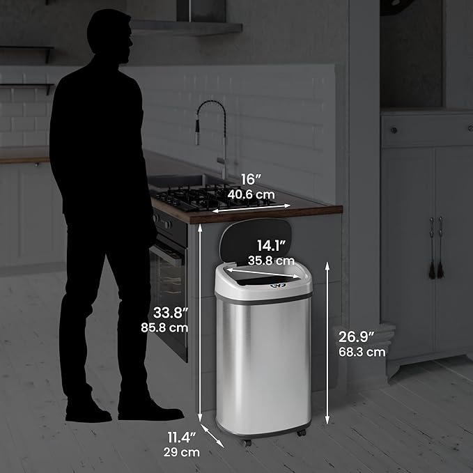 iTouchless 13 Gallon Sensor Trash Can on Wheels with Odor Filter 50 Liter Automatic Kitchen Garbage Bin Oval Fingerprint-Proof Stainless Steel Hands-Free Motion Lid Brushed Silver