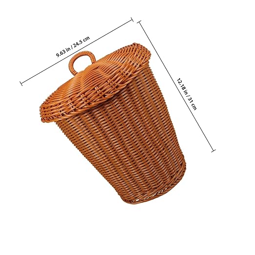 Lurrose Woven Storage Basket with Lid Round Desktop Trash Can Multipurpose Sundries Container in Brown Imitation Rattan Wastebasket for Home Office Organization