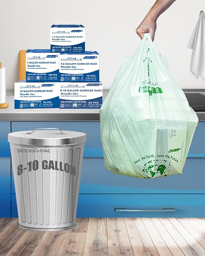 8-10 Gallon Compostable Trash Bags 120 Count Compost Bags Kitchen Trash Bags with Handle Sturdy Biodegradable Garbage Bags Food Scrap Waste Bags ASTM D6400 US BPI Certified