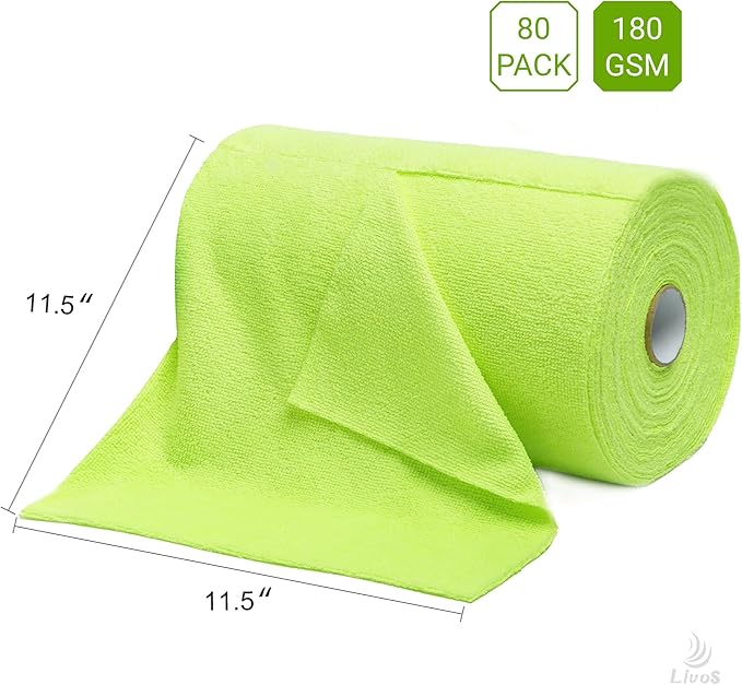 LIVOS Microfiber Cleaning Cloth Roll - 80 Pack Reusable Paper Towels Green Tear Away Microfiber Towels for Car Super Absorbent Lint Free Cleaning Rags for House Kitchen Window-11.5x11.5