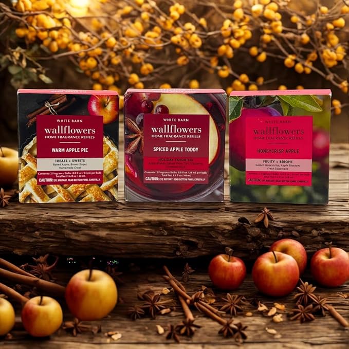 Bath &amp Body Works Wallflowers Refills FALL APPLE SCENT Collection 3pc Bundle with 40-Inch Red Holiday &amp Glittered Polka-Dot Ribbon Bow – Spiced Apple Toddy Honeycrisp &amp Warm Apple Pie (2-
