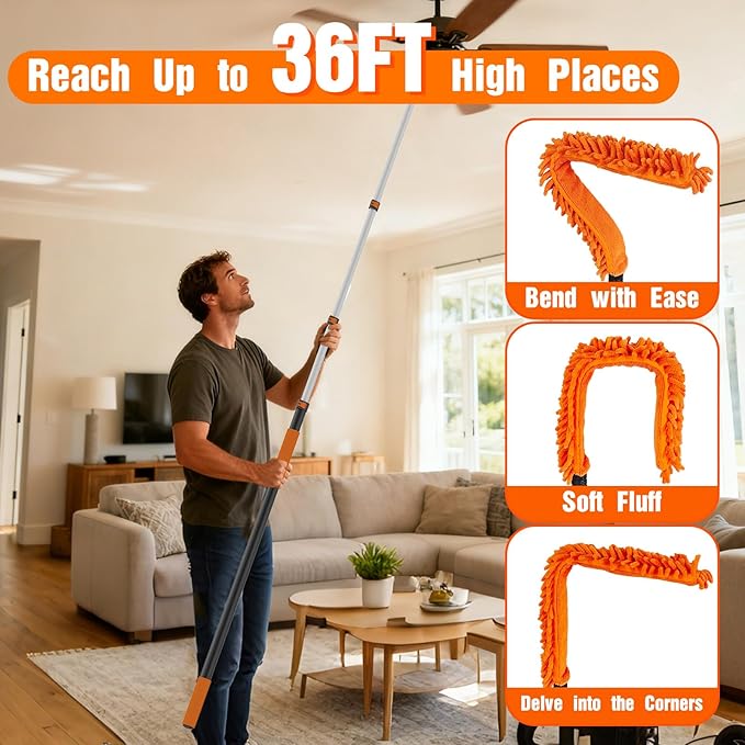 36FT Reach High Ceiling Duster Kit Window Cleaning kit with 7-30FT Extension Pole Fan Duster for Ceiling Fan Blades Microfiber Feather Duster Rotatable Window Squeegee and Cobweb Duster