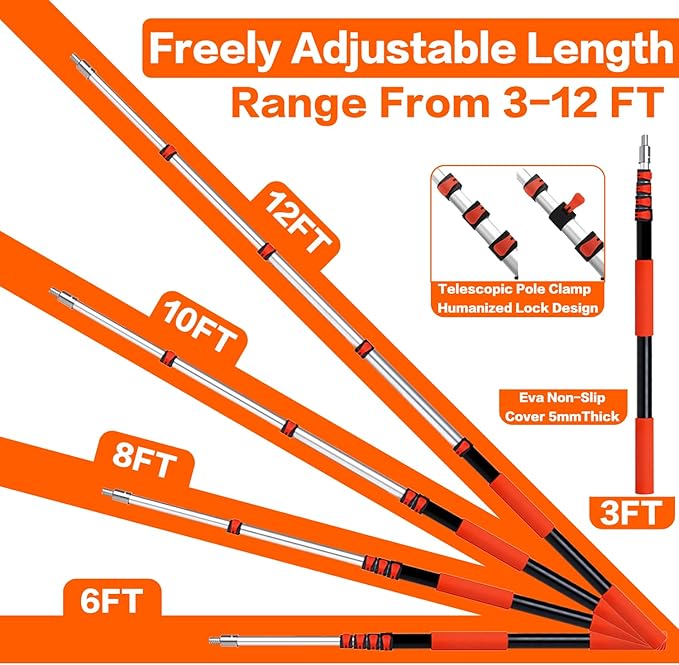 20FT High Reach Duster Cleaning Kit with 3-12 FTExtension Pole High Ceiling Fan Cleaner Duster Tool for Fan Blades Extendable Reusable Cobweb Feather Window Cleaning Squeegee Kit (12FT)