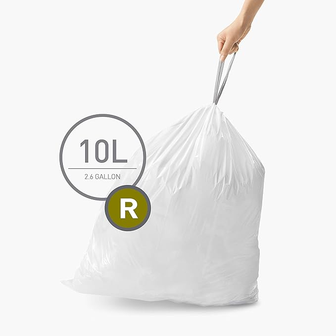simplehuman Trash can 10 Liter White &amp Code R Custom Fit Drawstring Trash Bags 10 Liter / 2.6 Gallon White 20 Count