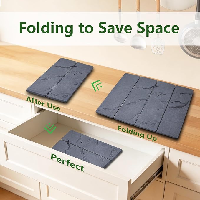 2 PCS Large Stone Dish Drying Mat for Kitchen Counter Diatomaceous Earth Quick Dry Foldable Dish Drying Pad with Anti Slip Mesh Mats(16x24in 4x8in grey)