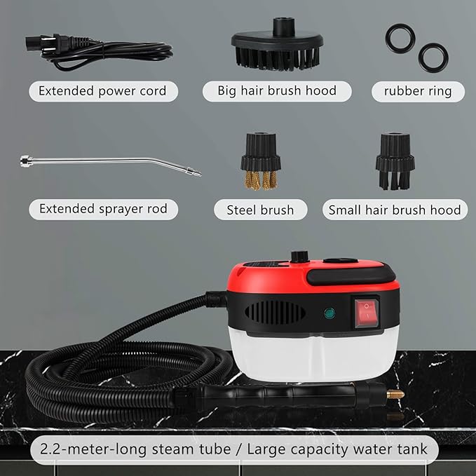 Handheld Steam Cleaner 2500W Pressurized Steam Cleaner with 3 Brush Heads Portable Steam Cleaner for Home Car Furniture Kitchen Bathroom and Wall Red