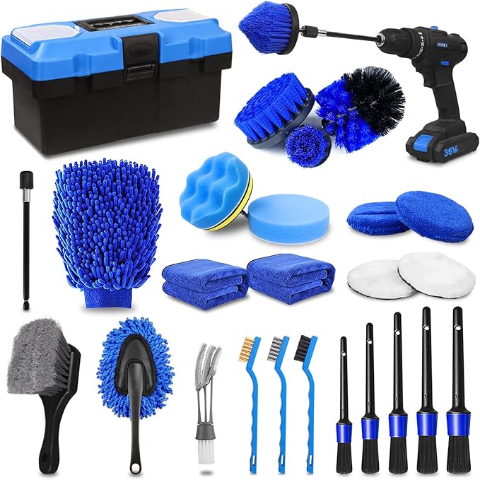 TTRCB 27Pcs Car Detailing Kit Car Cleaning Kit Car Detailing Brush Set Drill Brush Set Car Detailing Brushes Car Wash Kit Car Accessories Car Cleaning Supplies for Interior Exterior Wheels