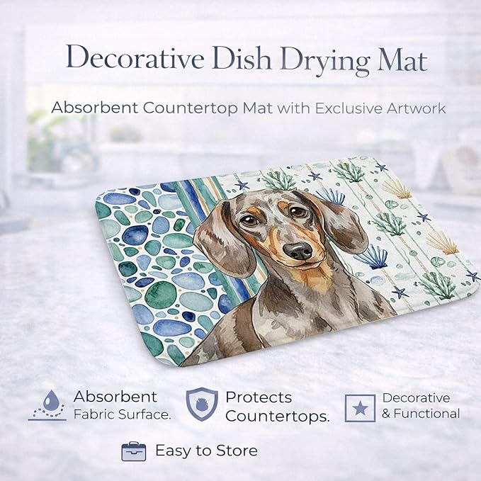 Caroline's Treasures Dapple Dachshund Coastal Sea Glass Dish Drying Mat Absorbent Dish Drying Mat Pad for Kitchen Counter Dish Drainer Mat for Countertop 14 x 21 Multicolor