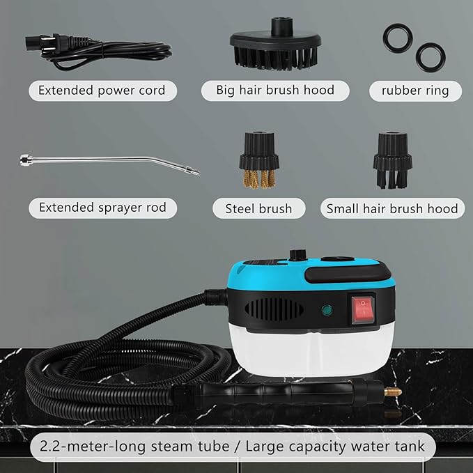 Handheld Steam Cleaner 2500W Pressurized Steam Cleaner with 3 Brush Heads Portable Steam Cleaner for Home Car Furniture Kitchen Bathroom and Wall Blue