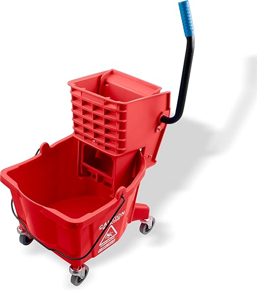 Carlisle FoodService Products 26-Quart Commercial Mop Bucket with Side-Press Wringer Precision-Molded Polypropylene Durable Wringer Bucket with Non-Marking Casters 18.5 x 16.5 x 23 Inches Red