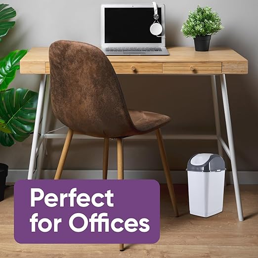 Superio Small 2.5 Gallon Plastic Trash Can with Swing Top Lid Compact Slim Waste Bin for Under Desk Office Bedroom Bathroom Dorm Room 10 Qt. Portable Garbage Can (SmokeWhite/Grey 2 Pack)