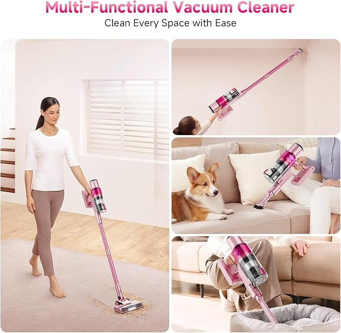 Cordless Vacuum Cleaner: Portable 6-in-1 Stick Vacuum with Anti-Tangle Brush LED Headlight Self-Standing HD Display Rechargeable Vacuum for Pet Hair Low-Pile Carpet and Hardwood Floor-Dark Pink