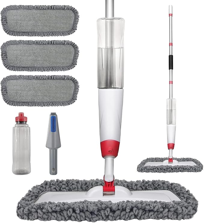 Spray Mops for Floor Cleaning Microfiber Spray Cleaning Mop Kit with 3 Reusable Washable Pads 700ML Refillable Bottle and Scrubber Flat Mop with 360 Degree Swivel Head for Hardwood Laminate (Grey)