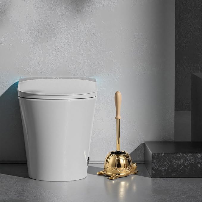 Turtle Base Toilet Brush Set - Gold Ceramic Toilet Scrubber Brush 7.5” Bowl Cleaner with Ergonomic Handle Mini Cute Bathroom Cleaning Brush - Bathroom Decor