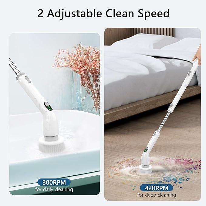 Electric Spin Scrubber 2024 New Full-Body IPX7 Waterproof Cordless Bathroom Scrubber with 4 Replaceable Heads Adjustable Extension Handle Shower Cleaning Brush for Bathtub Grout Tile Floor