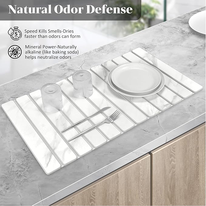 Large Stone Dish Drying Mats for Kitchen Counter 28(L)×16(W) Marble-Pattern Collapsible Quick Drying Dish Mats Ultra Absorbent Diatomaceous Earth Mats for Dishes  Match Any Countertop