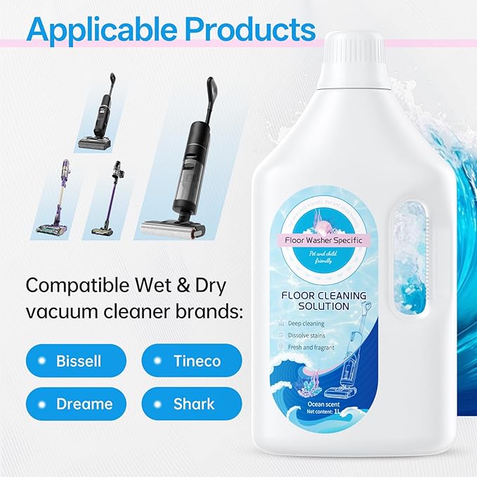 1L Fresh Ocean Floor Cleaning Solution Compatible With Tineco/Bissell/Dreame And Shark Fragrance Deodorization Deep Cleans for Multiple Hard Floors Suitable With Cordless Wet/Dry Vacuum