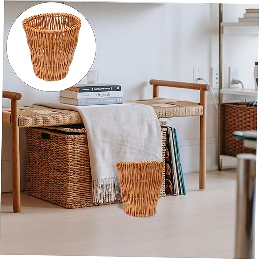Cabilock Wicker Trash Can Lid Woven Rattan Wastebasket for Bathroom Storage Container Decorative Rattan Rubbish Bin for Home 10L Capacity