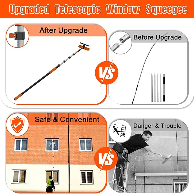 25FT Reach Window Squeegee Kit with Extension Pole 2-in-1 Professional Washer for High Windows 5-20FT Adjustable Reach Rotatable Head for Indoor &amp Outdoor Use Streak-Free Cleaning Tool for Hom
