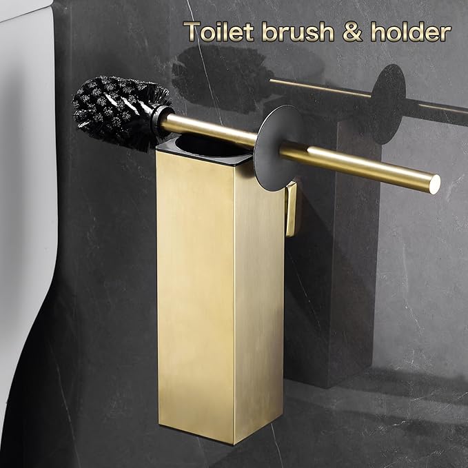 Toilet Brush Set - Brushed Gold Wall-Mounted Holder Cleaning Brush Head and Splash Guard