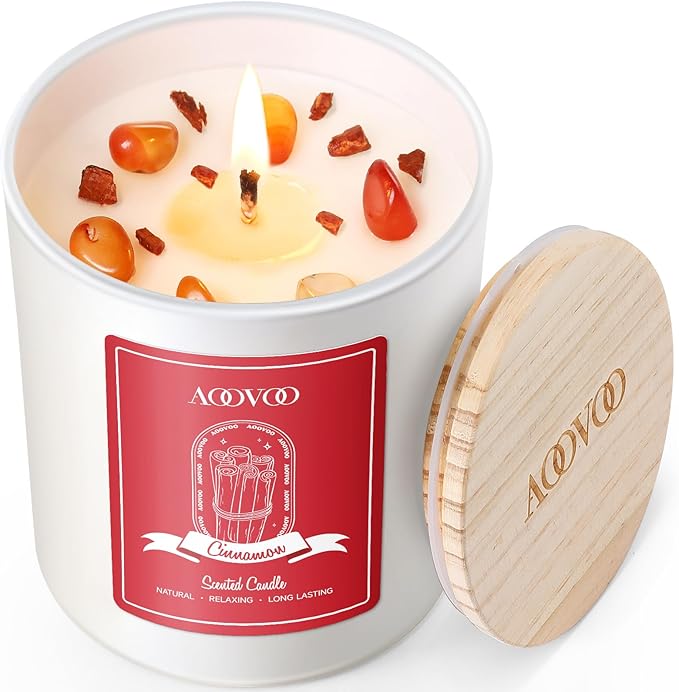 AOOVOO Cinnamon Scented Candles for Women - Aromatherapy Candle with Crystals Inside 10oz Soy Candles for Home Scented Birthday Gifts Valentines Day Candle for Women Mom