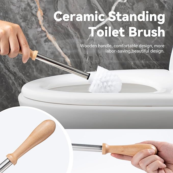 Toilet Brush and Holder Set Ceramic Turtle Base Toilet Brush Set - 7.5” Bowl Cleaner Toilet Scrubber Brush with Ergonomic Handle (Silver)