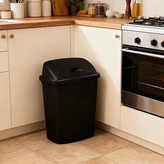 10 Gallon Plastic Garbage Bin with Lid Swing Top Waste Container Kitchen Trash Can with Swing Lid Black 4 Packs