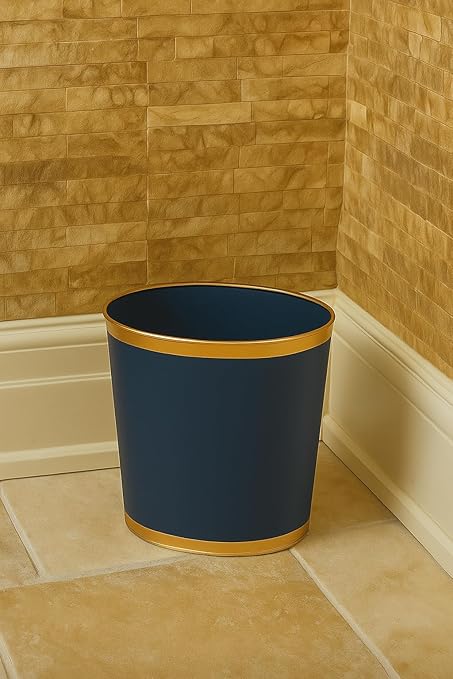 Jaye's Studio Mattie Line Oval Wastebasket &amp Garbage Bin Gold Trim &amp Finish Hand-Painted Handcrafted Metal Trash Bin for Bedroom Office Bathroom 12 x 10 x 8 (Indigo Blue)