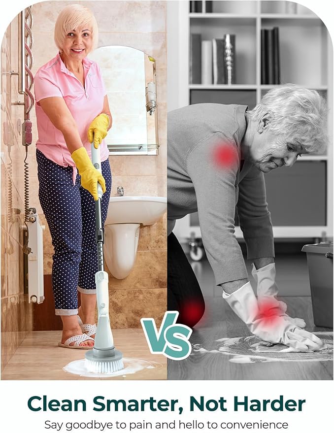 Sweepulire Electric Spin Scrubber SW1 Shower Scrubber with Long Handle 2 Spin Speeds Electric Bathroom Scrubber with 8 Replacement Heads Bath Tub Cleaner Brush for Floor Tub Shower Tile