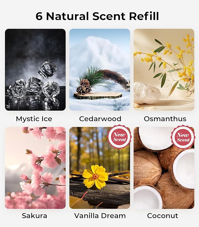 Smart Car Air Fresheners Ambient Light &amp Mist Fragrance Auto On/Off Car Air Freshener Diffuser Adjustable Intensity Lasts 6 Months Built-in Battery Premium Scents Refill X2 - Mystic Ice
