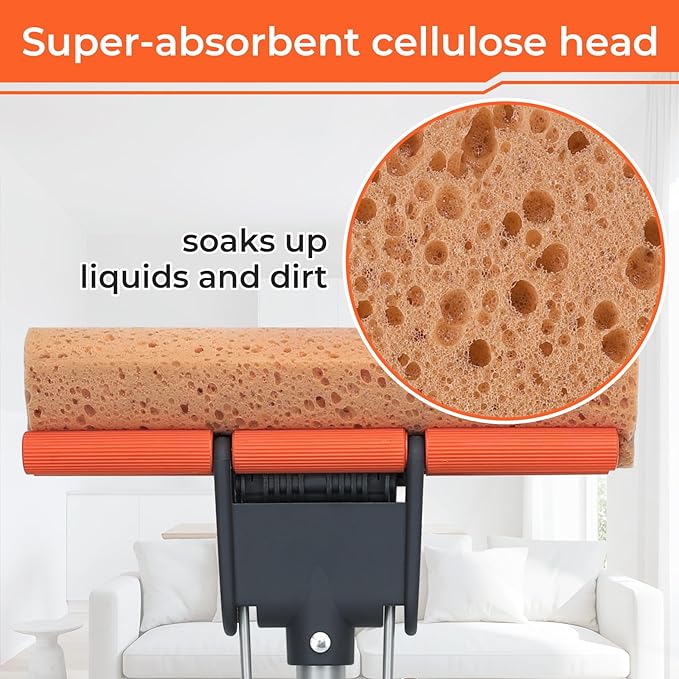 Sponge Mops for Floor Cleaning with 2 Cellulose Mop Head Refills and 55” Long Handle Heavy Duty Roller Mop Easy Self Squeeze for Hard Wood Tile Concrete Bathroom or Kitchen Floor Wall Ceiling