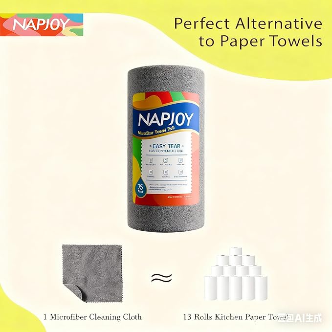 Napjoy Microfiber Cleaning Cloth Roll 75PK Easy Tear Away Reusable Paper Towels 12 x 12 Lint-Free and Scratch-Free with Patented Fiber Technology Microfiber Towel Roll Grey