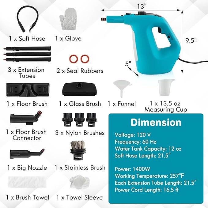 COSTWAY Handheld MultiPurpose Steam Cleaner with 17 Pieces 350ml Large Capacity Steam Mop Continuous Fill water Portable Chemical-Free Steamer for Home Use Floors Windows 1400W Blue