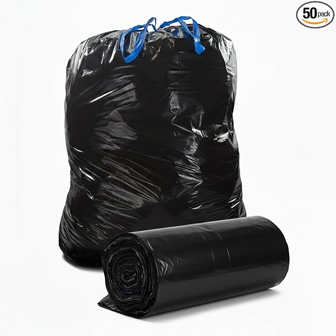 (50 Count) 44 Gallon Trash Bags with Drawstring Heavy Duty Fits 40-45 Gallon Bins 1.2 Mil Industrial Strength for Janitorial Hotels &amp Commercial Kitchen Waste-Multipurpose use-By Interplas.