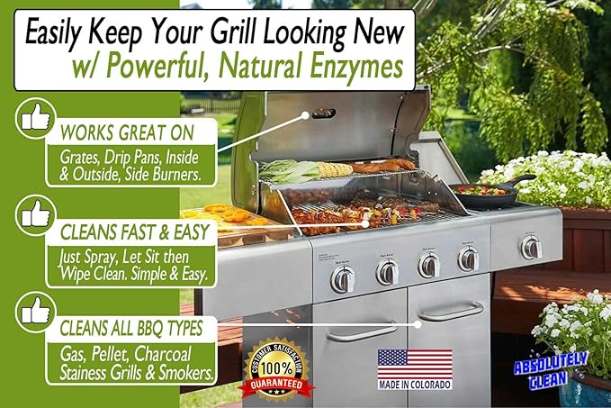 Absolutely Clean IT JUST WORKS GREAT as Grill Cleaner Spray! - Professional Strength Natural Enzyme Formula - Fast Acting Fume Free - USA Made (32oz Spray Bottle)