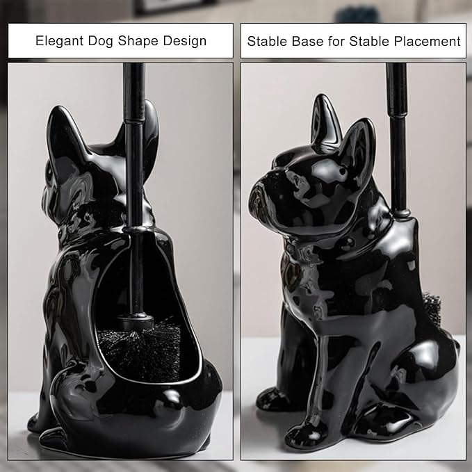 Comeon Ceramic Dog White/Black Toilet Brush and Holder Set Plastic Handled Scrub Brush for Bathroom Cleaning13.7*6.3 (Black)