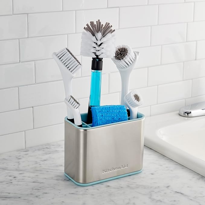 KitchenAid Multi Compartment Sink Brush and Sponge Caddy with Perforation for Quick Air Drying 3.25 x 4.78 x 6.25 Inch Mineral Water