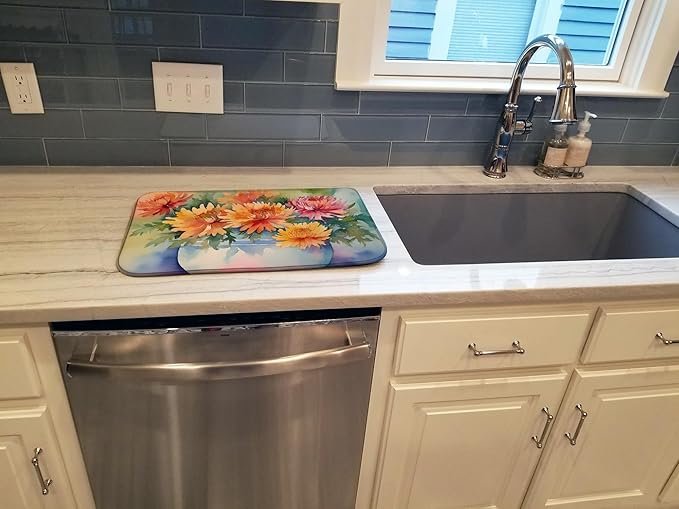 Caroline's Treasures DAC1553DDM Chrysanthemums in Watercolor Dish Drying Mat Absorbent Dish Drying Mat Pad for Kitchen Counter Dish Drainer Mat for Countertop 14 x 21 Multicolor