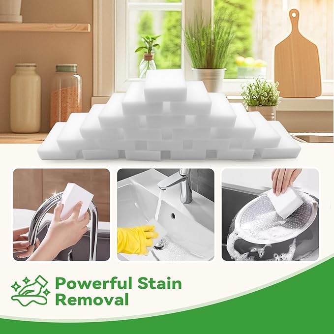 Magic Sponge Erasers Water-Activated Cleaning Sponge Multi-Purpose Melamine Foam Cleaner for Kitchen Bathroom Walls Shoes &amp Car Interior – Durable Non-Scratch &amp Reusable (100)
