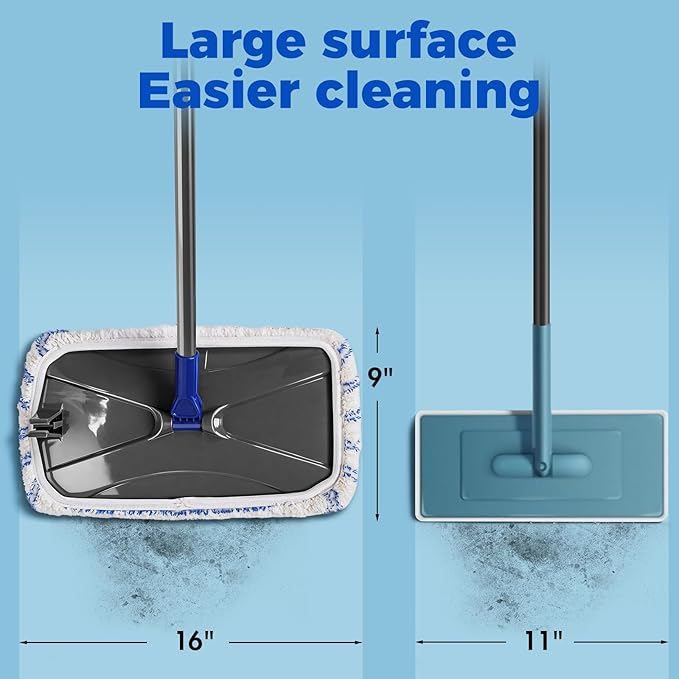 Masthome Extra Large Microfiber Mop for Floor Cleaning 16“ Flat Mop with 5 Pad for Wet &amp Dry Use Dust Mop for Hardwood Laminate Tile Ceramic 1 Cleaning Scraper Included-Blue