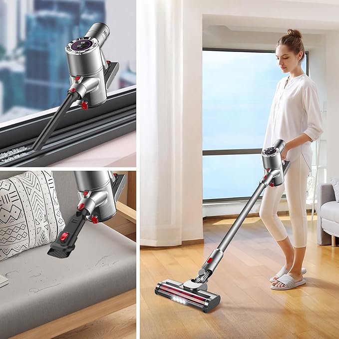 ZENG Cordless Vacuum Cleaner 28Kpa 330W 50Mins Self Standing Stick Vacuum Anti-Tangle Wireless Vacuum Cordless with Wall Mount Charging LED Touch Screen Vacuum Cleaners for Pet Hair Carpet